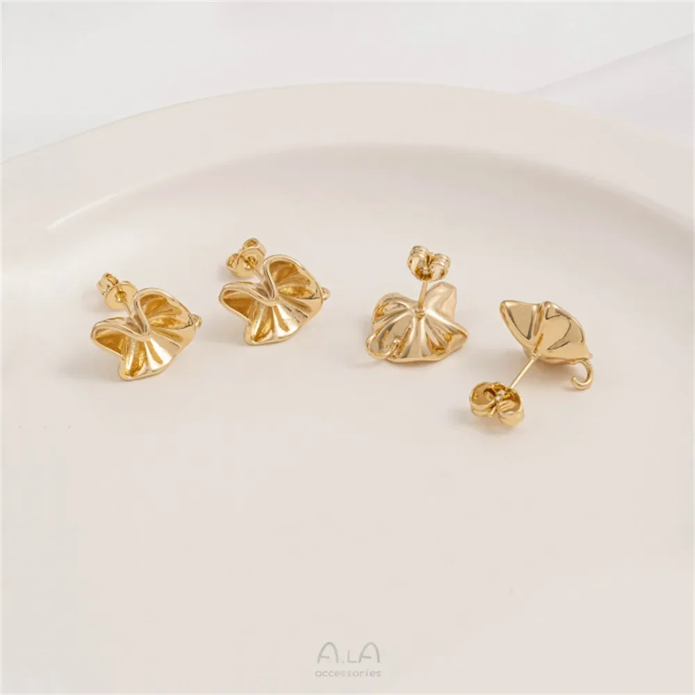 

14K Gold Color Ruffled Shaped Stud Earrings with Hanging Rings 925 Silver Pin DIY Earrings Accessories Material B252