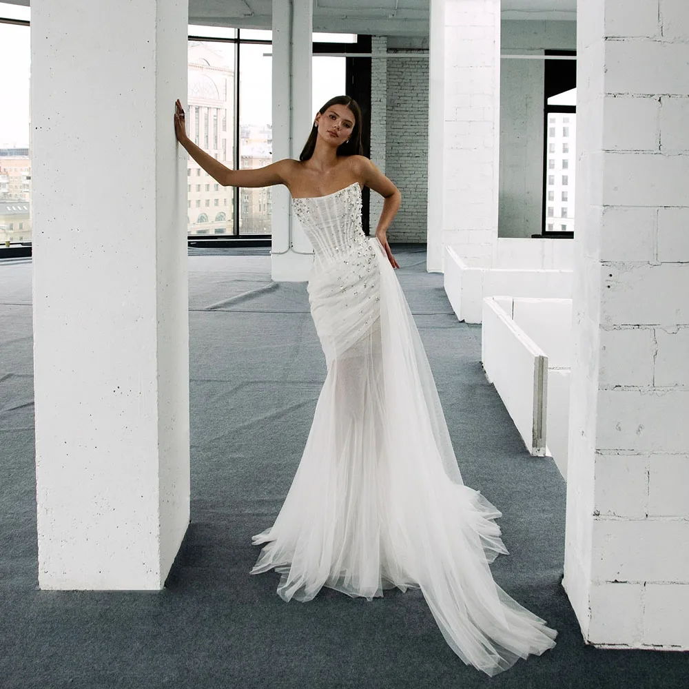 

Msikoods Luxury Wedding Dresses Customized 2025 Draped Tulle Strapless Corset Brides Dress Beaded Women Mermaid Bridal Gown