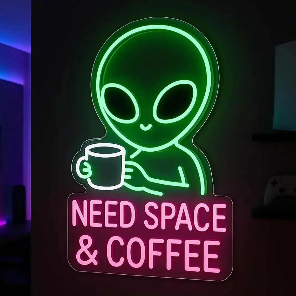 Alien Coffee Neon Sign Funny Wall Neon for Bedroom, Cafe or Gamer Room Decor