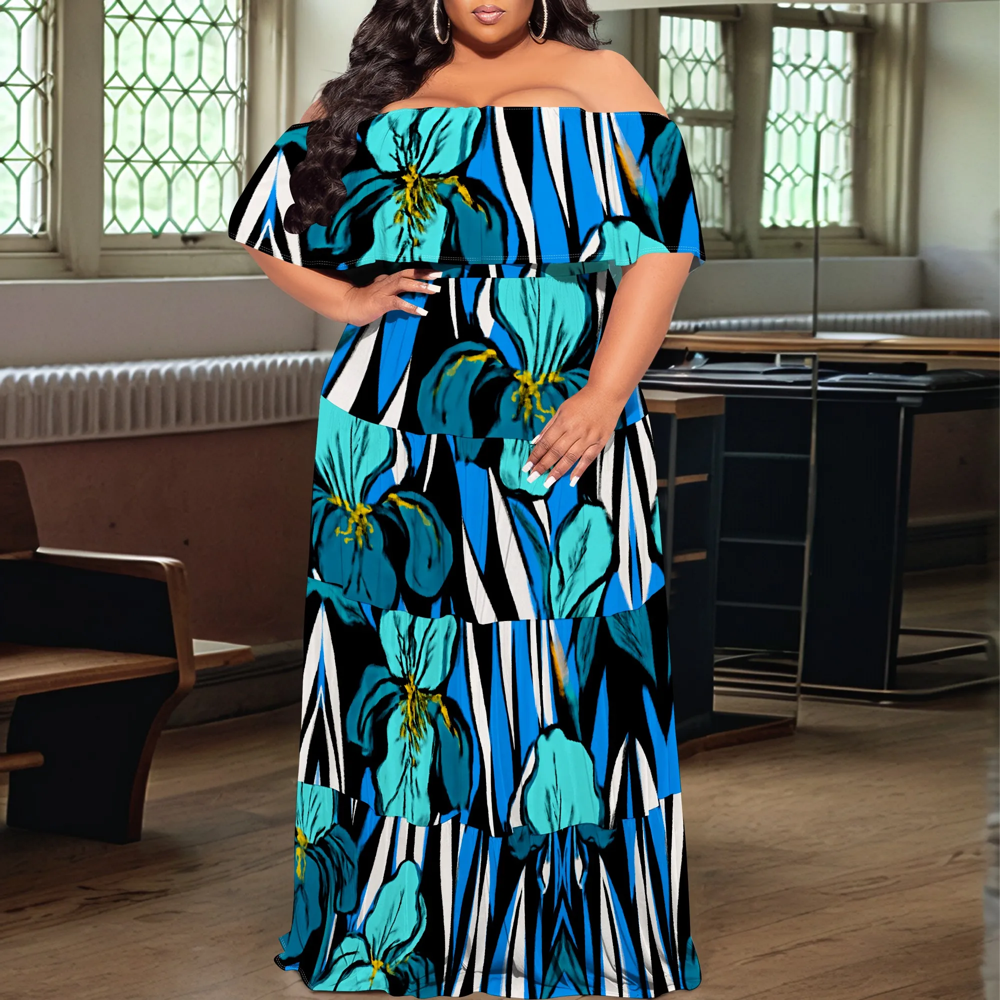 

Off-Shoulder Floral Print Women's Maxi Dress 2025 New Arrival Casual Evening Dress XL-6XL