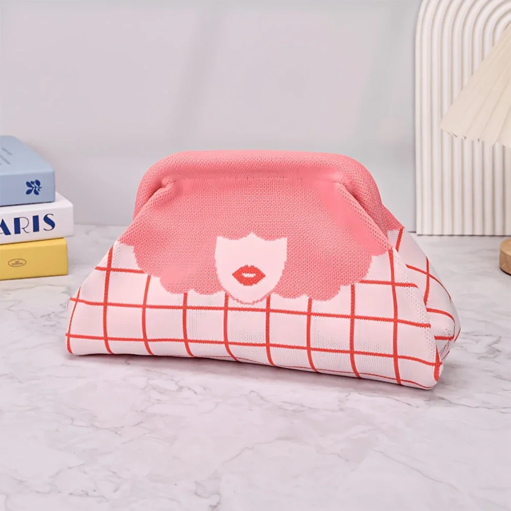 Damen Retro Lippen-Print Strick-Clutch, Orange-Schwarze Vintage-Handtasche für Casual- und Abendpartys, Lippenstift-Make-up-Tasche – Detail 7