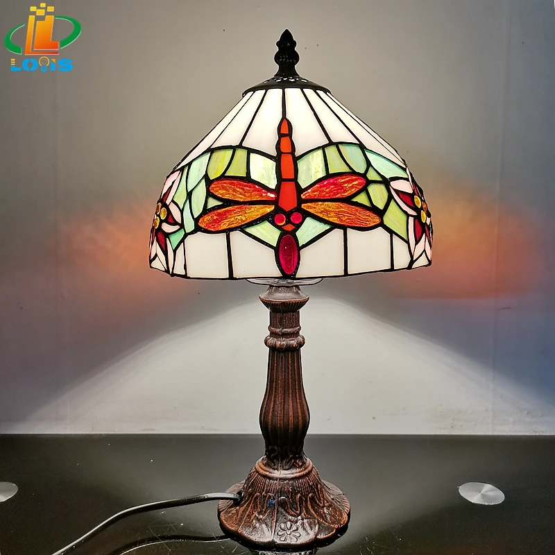 20CM Nordic Red Dragonfly Small Desk Lamps Tiffany Style Hotel Restaurant Bar Stained Glass Decoration Christmas Gift Metal Base