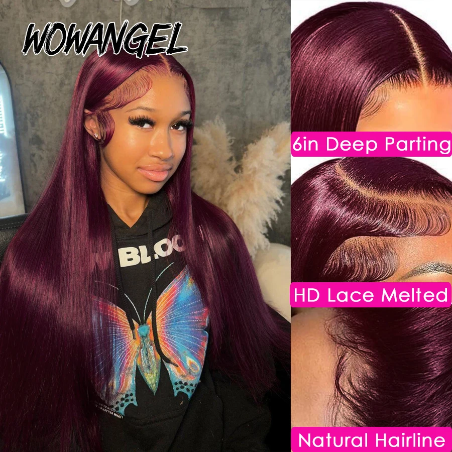 Pre Cut Lace Wigs 99J Burgundy 13x6 HD Lace Front Human Hair Wigs Brazilian Silk Straight Wigs Melt Skins Red Colored Wigs
