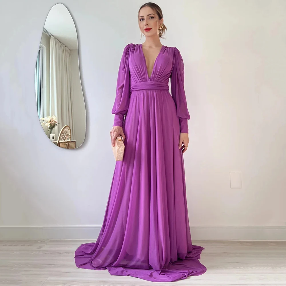 

Customized Elegant Comfy Chiffon A-line Prom Dress Deep V-neck Long Sleeve Purple Open Backless Draped Formal Evening Dress