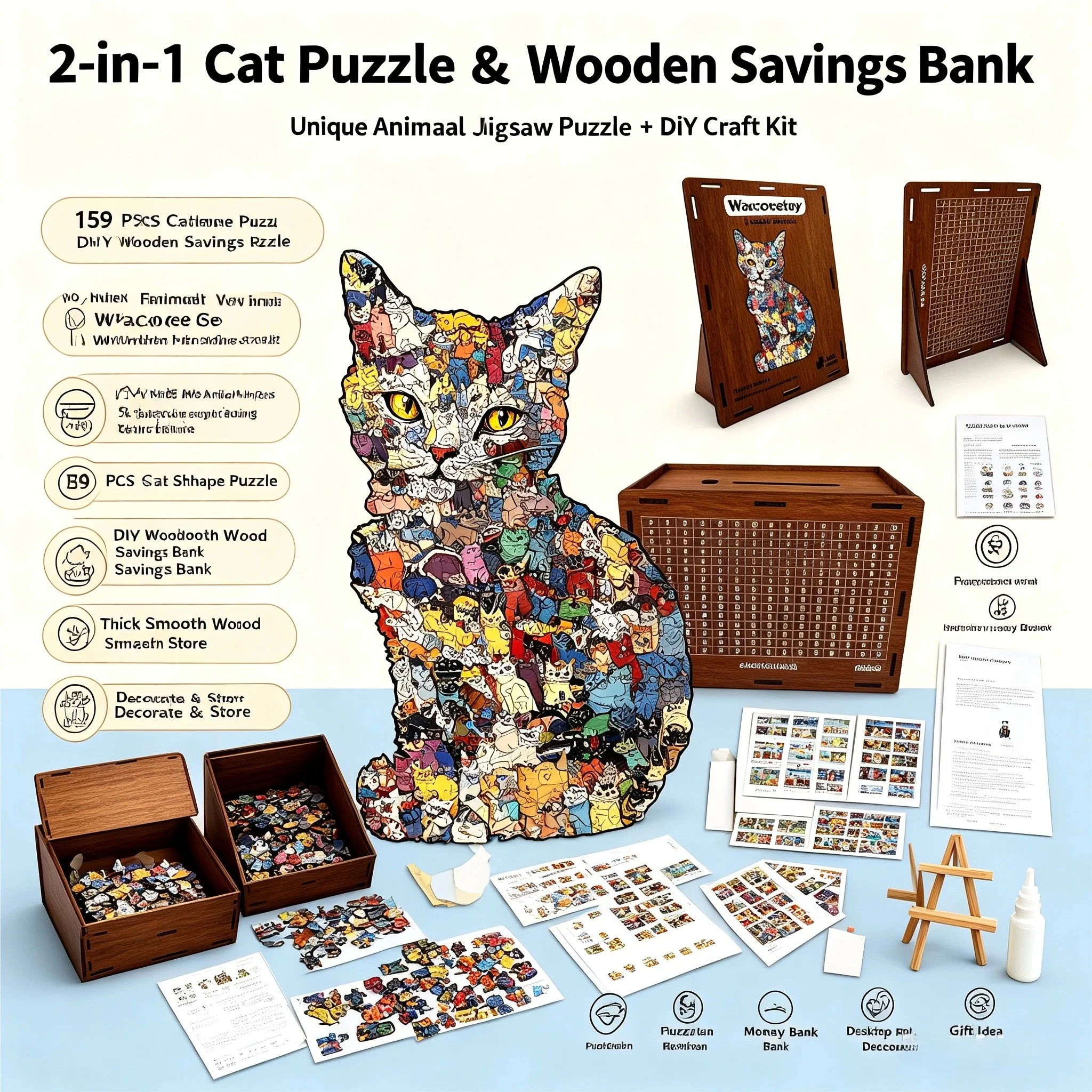 Best-Selling Overseas Unique Cat-Shaped Puzzle + Solid Wood DIY Piggy Bank Two-In-One Set | Creative Animal Puzzle Craft Gift Box for Adults and Teenagers over 8 Years Old, Irregular Animal Puzzle Brain Teaser Toy, Als