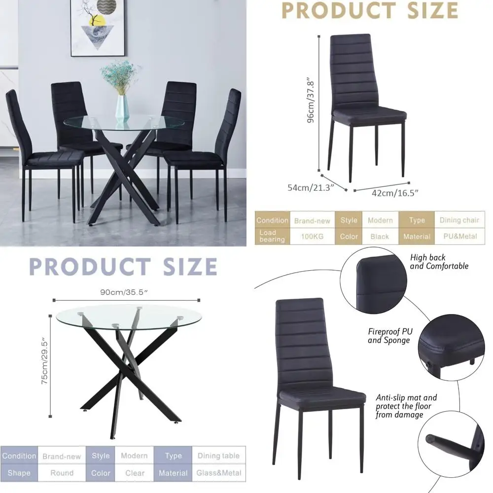 Round Tempered Glass Dining Table Set for 4, 5-Piece Modern Kitchen Table Set with 4 Upholstered Chair for Kitchen Dining Room (