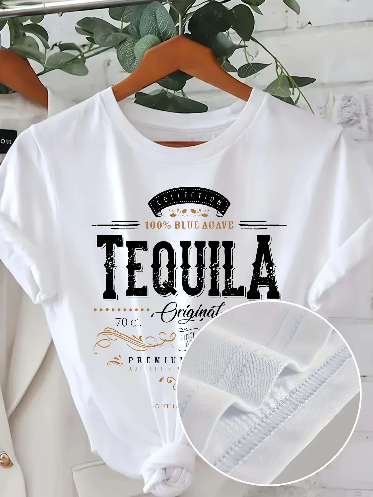 1pc Women'S Casual Round Neck Short Sleeve T-Shirt with Tequila Print, 100% Polyester Knit Fabric, Regular Length