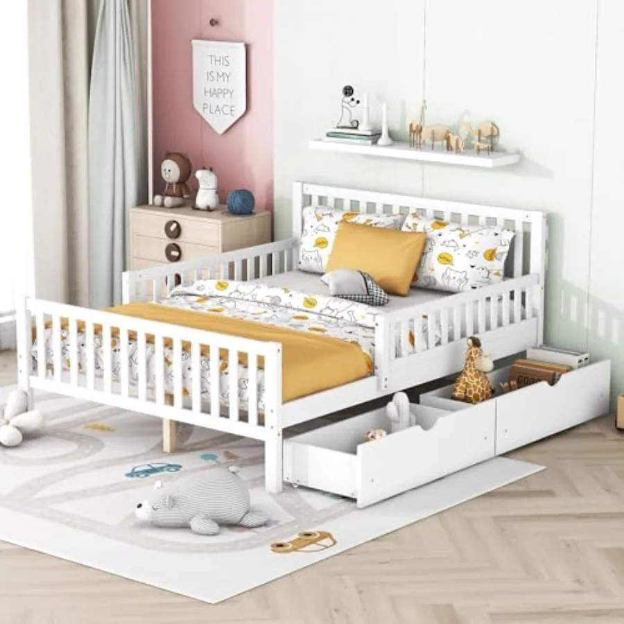 

Bed Frame with Storage Drawers and Safety Guardrails on Both Sides, Wood Platform Bed and Headboard and Footboard for,Boys, Gil