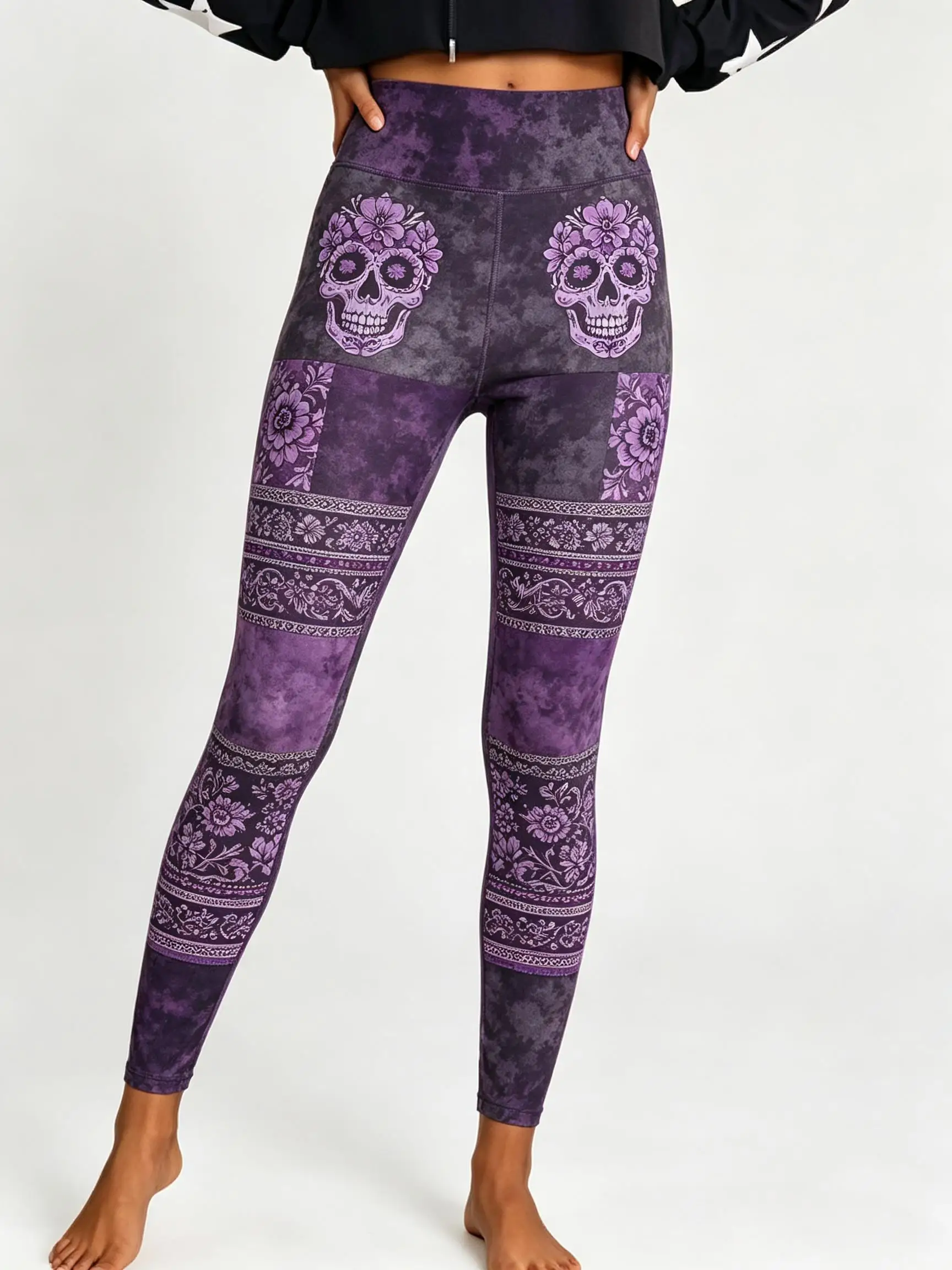 Women Halloween Fleece Mid‑Rise Leggings Skull Retro Patchwork Floral Geometric Full Print Stretch Slim Pants
