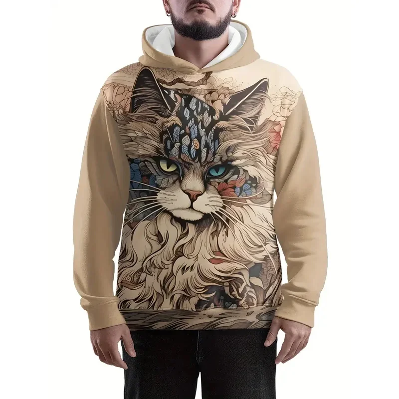 

Casual Loose Design Cat Pattern men's Hooded Sweatshirt Fashionable Printed Harajuku Colored Top Street Minimalist men's Hoodies