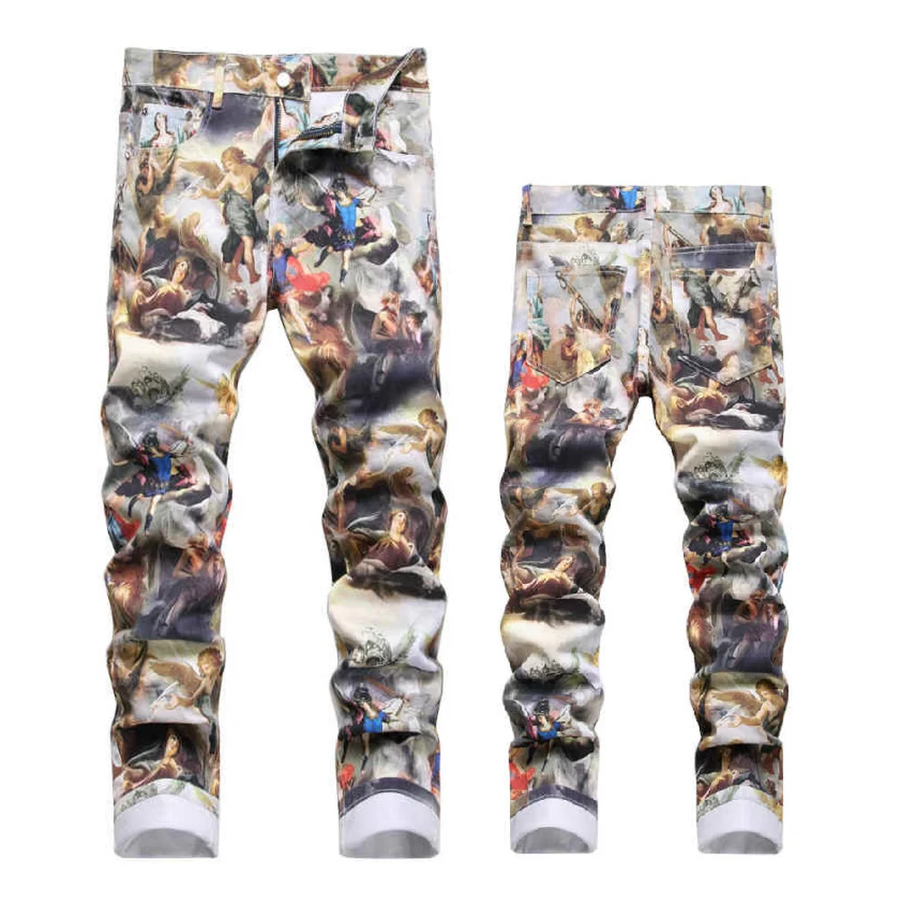 

Разноцветные прямые джинсы с цветочным принтом, эластичные джинсы с цифровым принтом, рваные джинсы в стиле уличного хип-хопа.