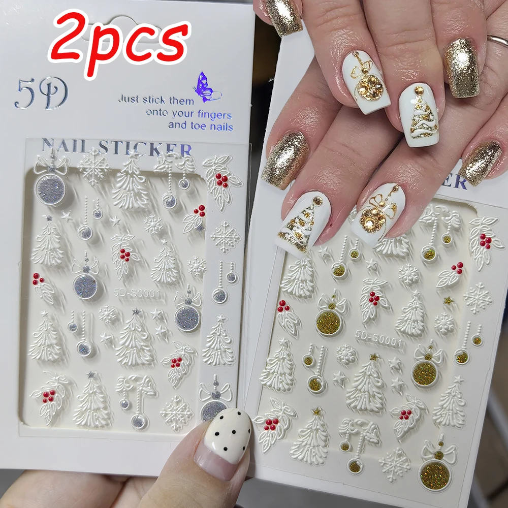 2 pièces or et argent lampe boule noël ongles autocollants 3D en relief arbre de noël flocons de neige arcs ongles décalcomanies manucure Nail Art fournitures