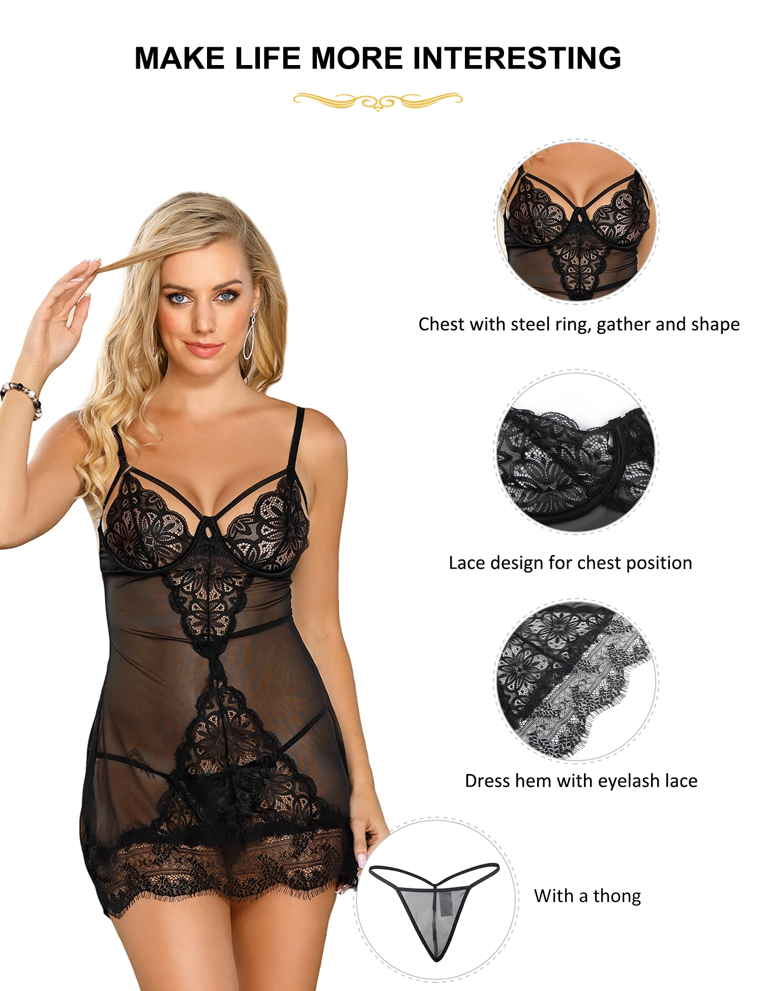 Ohyeahlady Floral Lace Women\'s Nightgown Solid Black Sheer Mesh Transparent Sleepwear Mini Dress Big Size Sexy Babydoll Lingerie