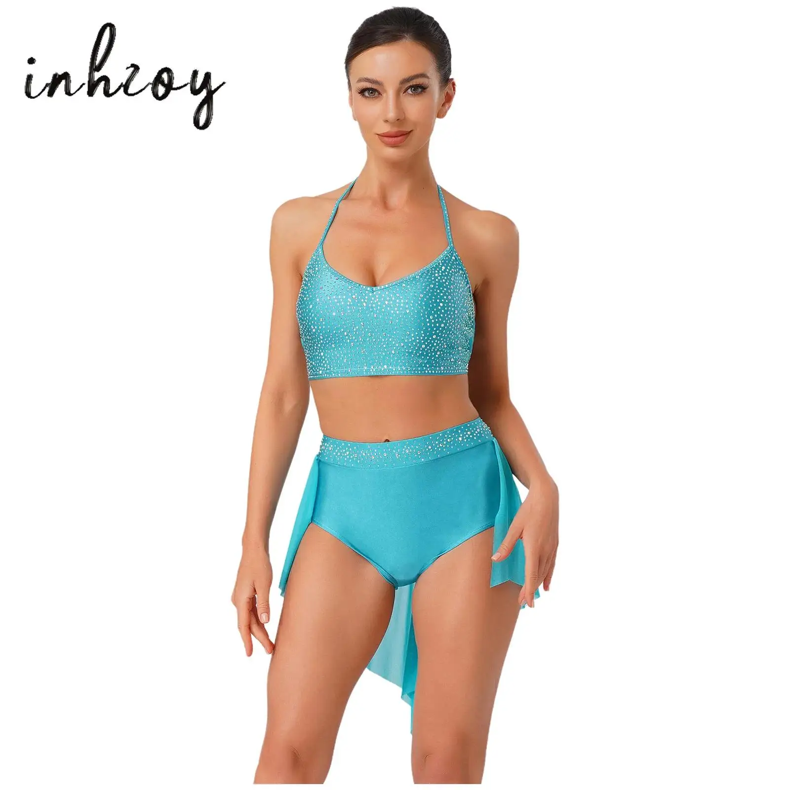 

Womens Lyrical Jazz Latin Dance Outfit Glitter Rhinestone V Neck Backless Camisole Top+Irregular Mesh Hem Shorts 2-piece Set