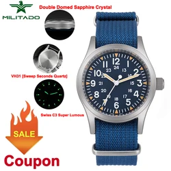 Militado ML05 Vintage Watch VH31/Ronda 515 Quartz Movement Military Field Watches Sapphire Crystal AR Coating WristwatchW