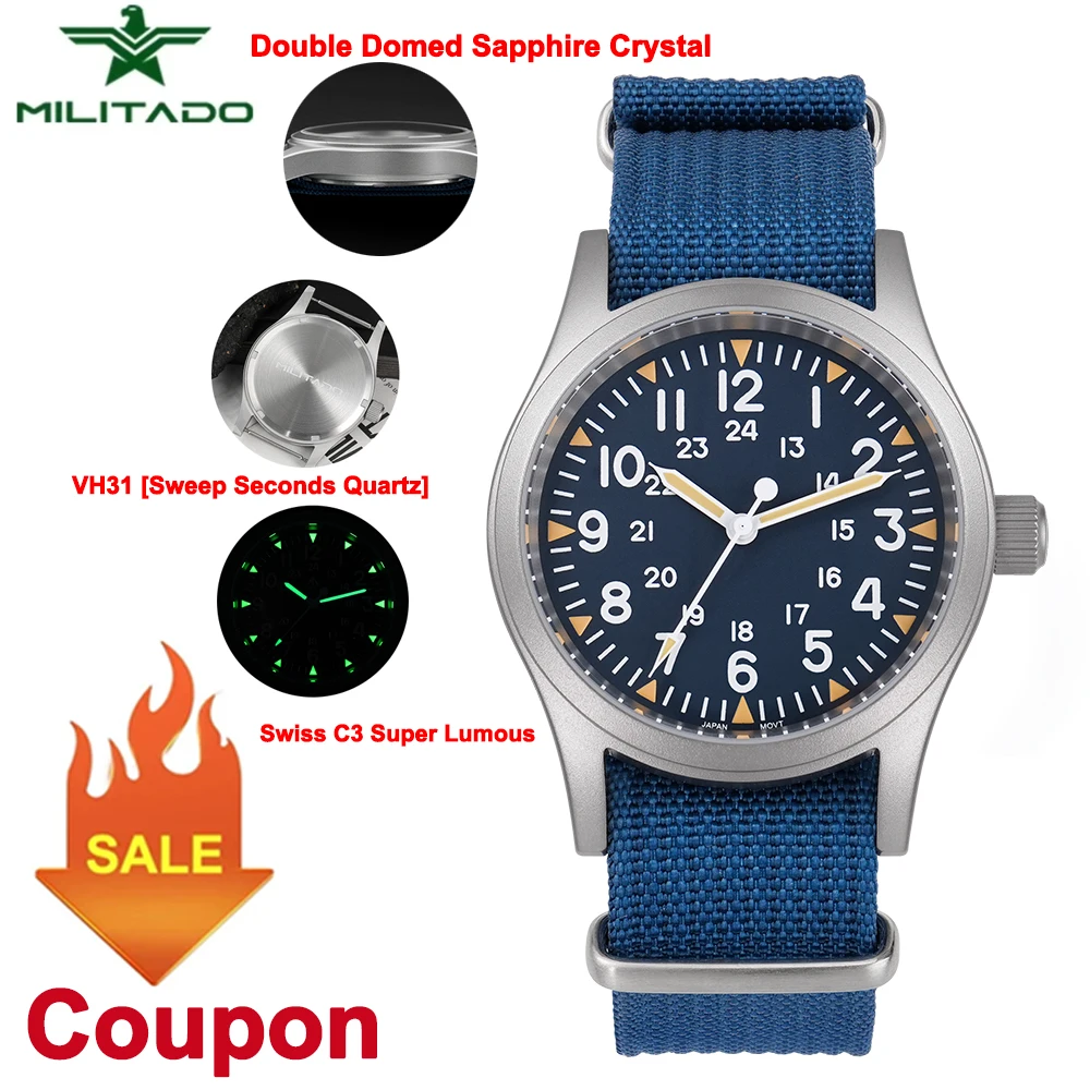 Militado ML05 Vintage Watch VH31/Ronda 515 Quartz Movement Military Field Watches Sapphire Crystal AR Coating WristwatchW