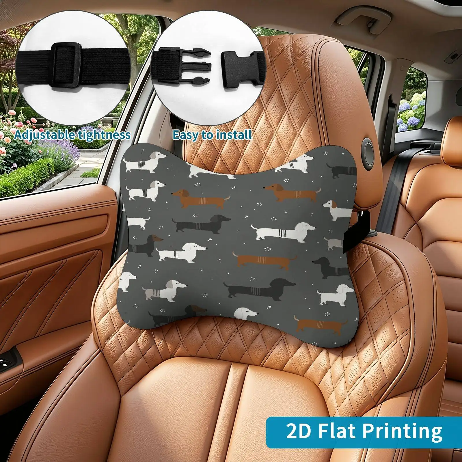 2pcs Dachshund Pattern Dog Silhouette Bone Accents Car Seat Headrest, Neck Support Cushion, Suitable For All Seasons Of Car Addi