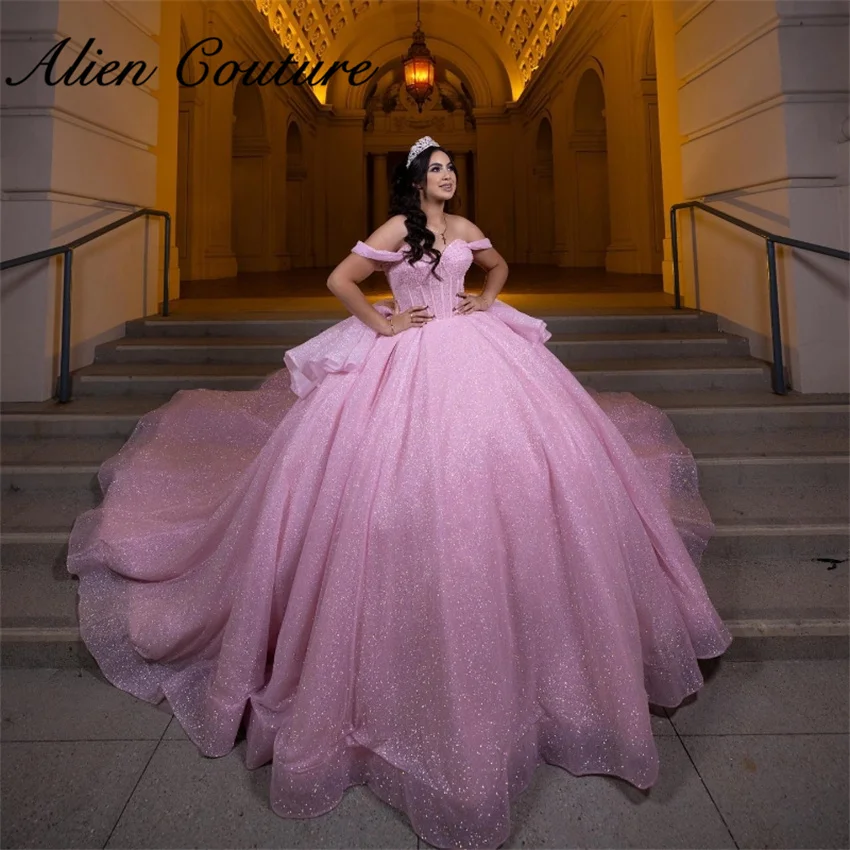 Glänzendes rosa Ballkleid Quinceañera Kleid Perlen Kristalle Perlen Geburtstagsfeier für 15. Mädchen Prinzessin Abschlusskleid individuell