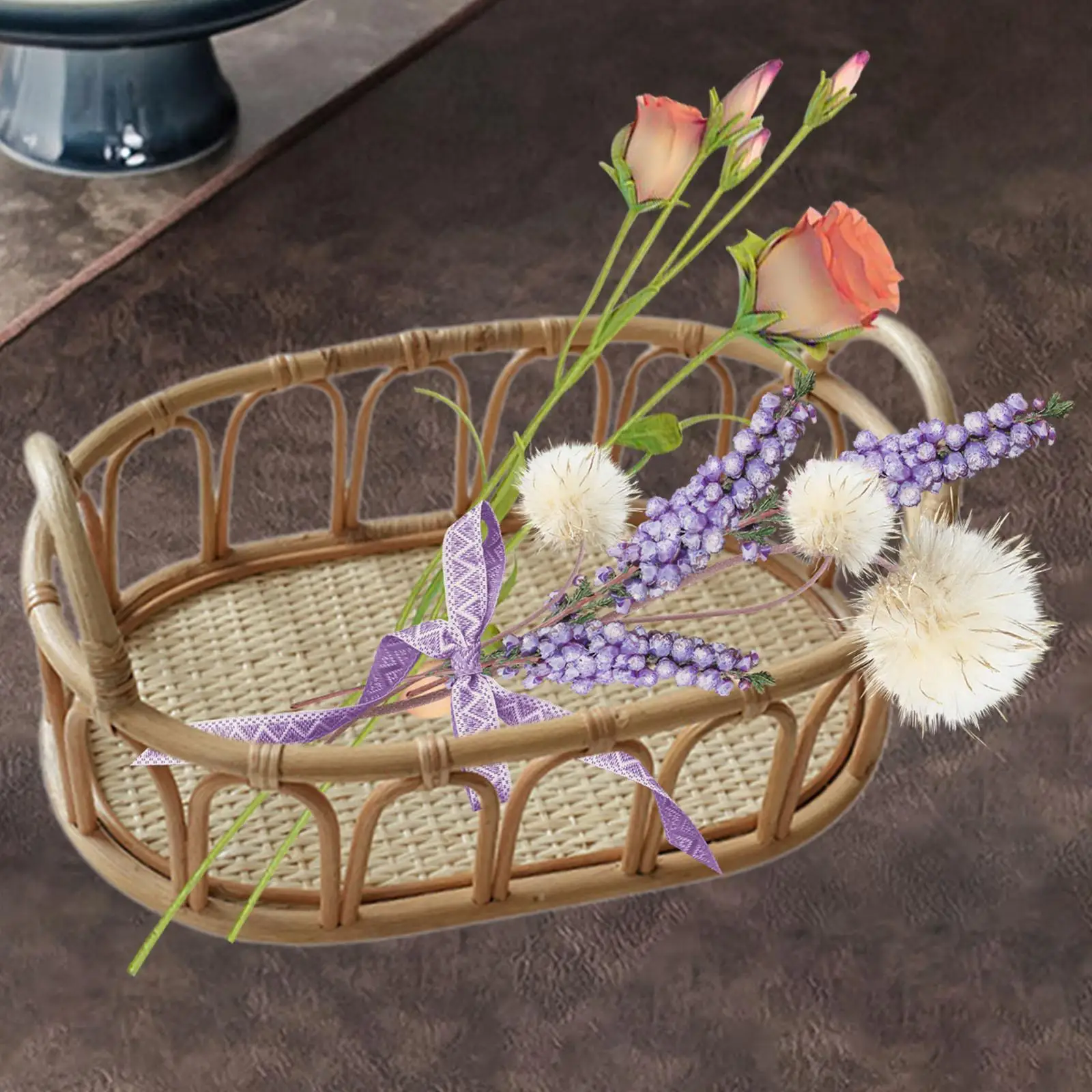 Rattan Basket Decorative Kitchen Counter Organizer Serving Tray with Handles for Sundries Perfume Cosmetics Fruits Coffee Table