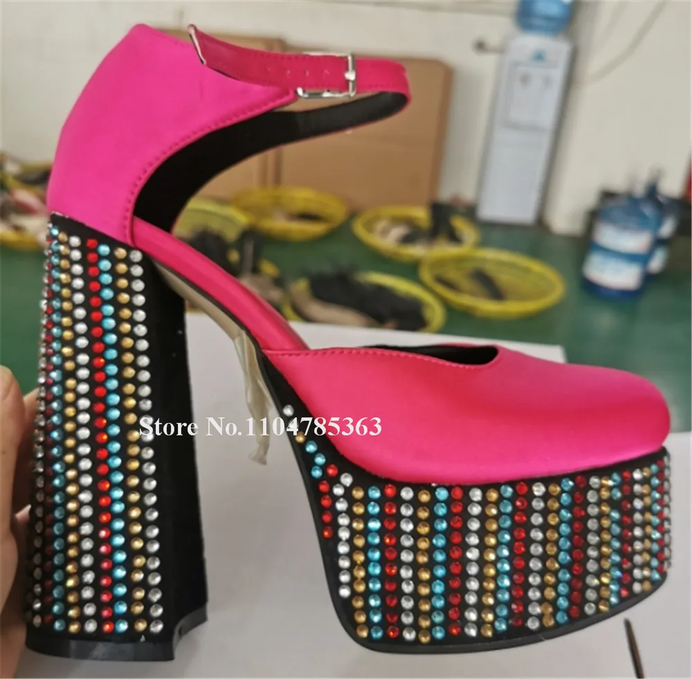 Bling Bling Colorfur Rhinestones Chunky Heel Pumps Round Toe Pink Black Crystals High Platform Thick Heel Shoes Big Size