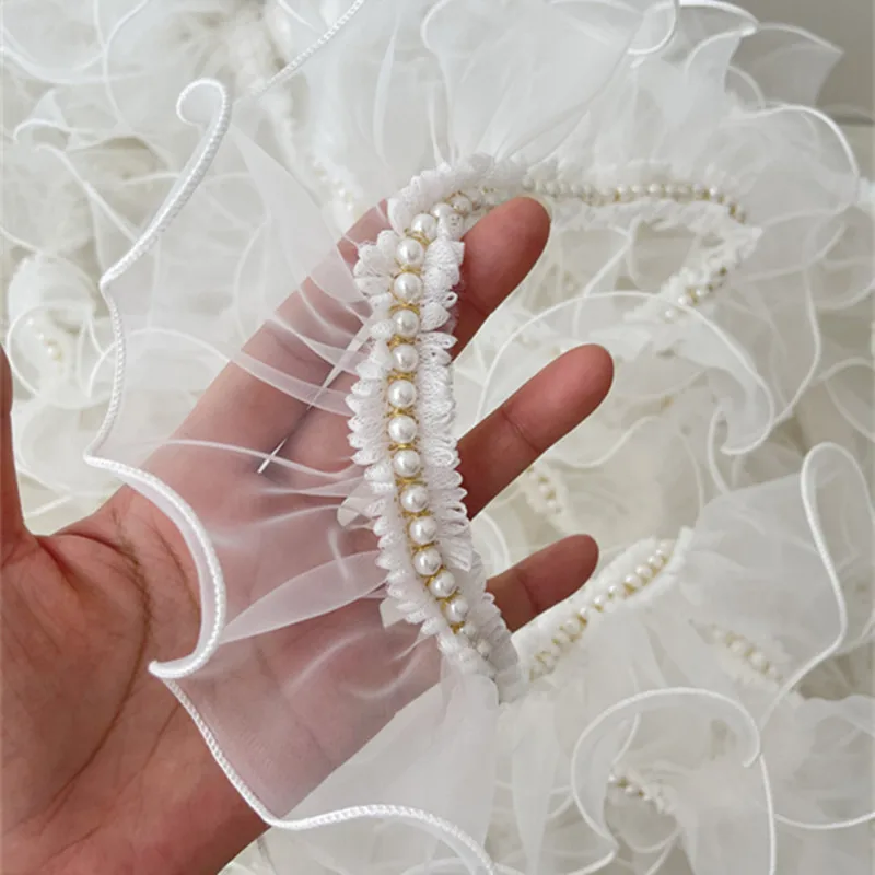 7CM Wide Tulle White Ruffle Organza Beaded Fringe Ribbon Lace Fabric Edge Trim Wedding Dress Apparel Curtains DIY Sewing Decor