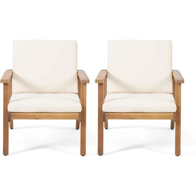 

Outdoor Acacia Wood Club Chairs with Cushions (Set of 2), Ladder Back,Brown Patina Finish, 31.75"D x 26"W x 29.75"H,Cream