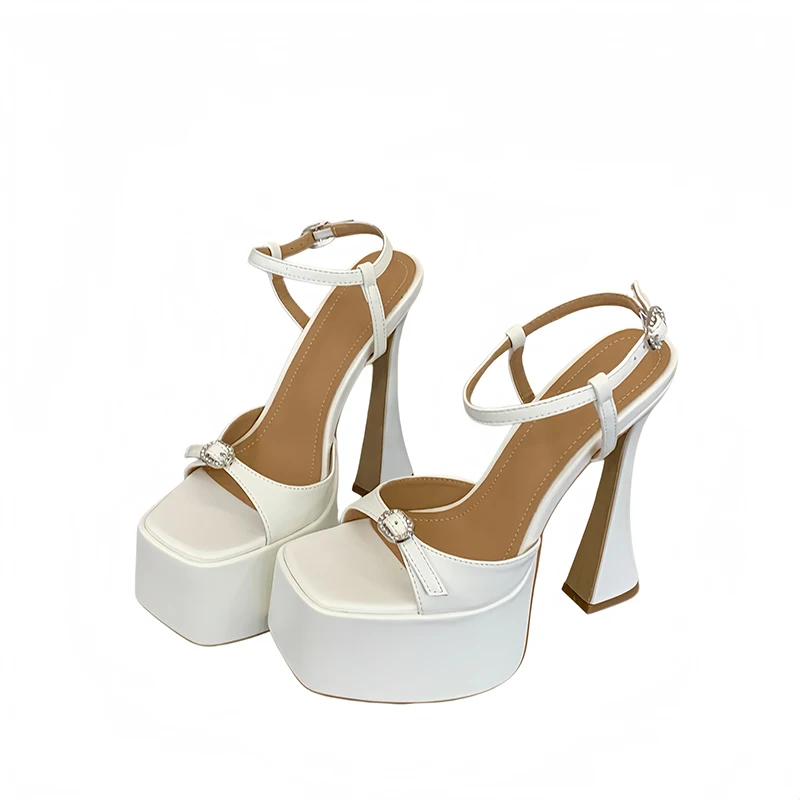 

Черные женские босоножки на платформе с каблуком 16 см, с белой пряжкой, для вечеринок, сексуальные, с квадратным носком, на высоком каблуке, летние туфли
