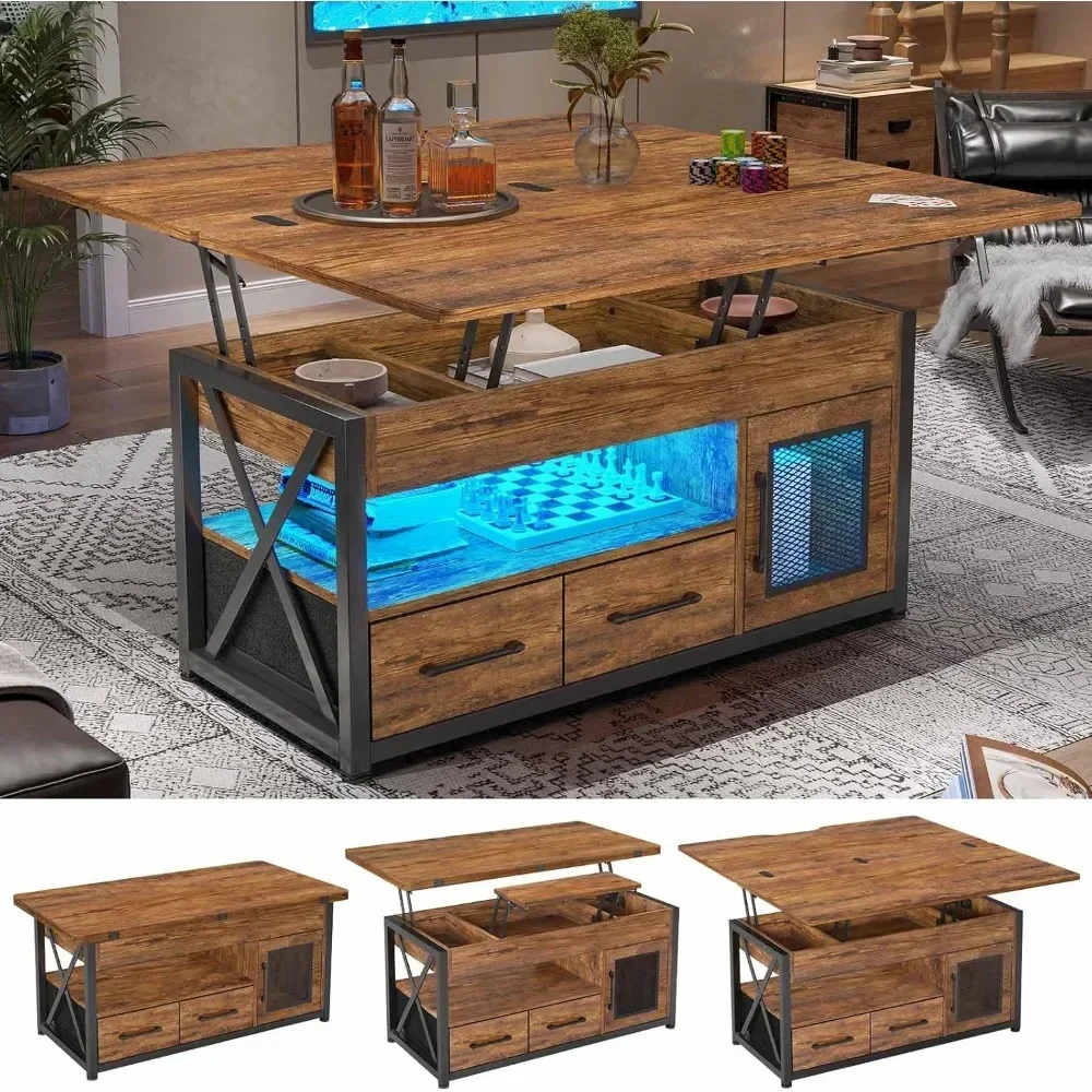 Table basse de ferme avec armoire de rangement, table basse élévatrice, table basse de 40 po, tables basses 4 en 1, 2 égouts de proximité en tissu, lumière LED