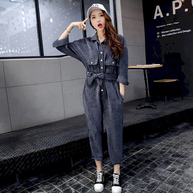 Corduroy Jumpsuits for Women Vintage Oversized Straight Pants Trend LOOSE Long Sleeve Workwear One Piece Outfit Women Clothing