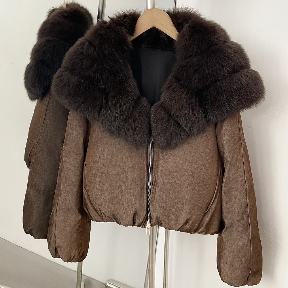 OFTBUY Warme Oberbekleidung Winter Voluminöser Fuchspelzkragen Mantel Damen Reißverschluss Daunenjacke Weiblich Lässiger Kurzer Daunenmantel – Detail 7