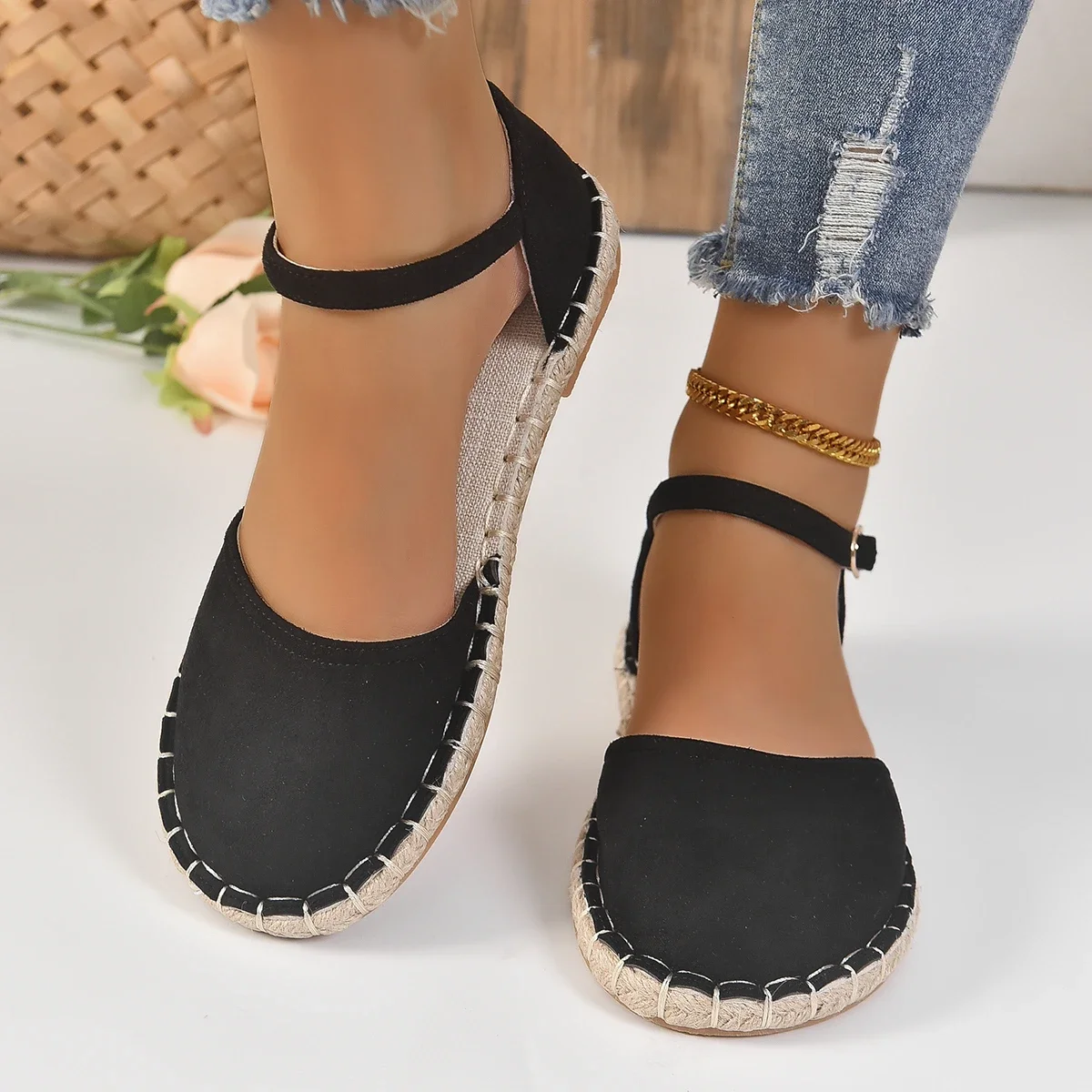 Plus Size 43 Shoes of Women Ankle Strap Espadrilles Roman Sandals Flat Hemp Rope Womens Shoes Comfort Summer Women Sandals 2022