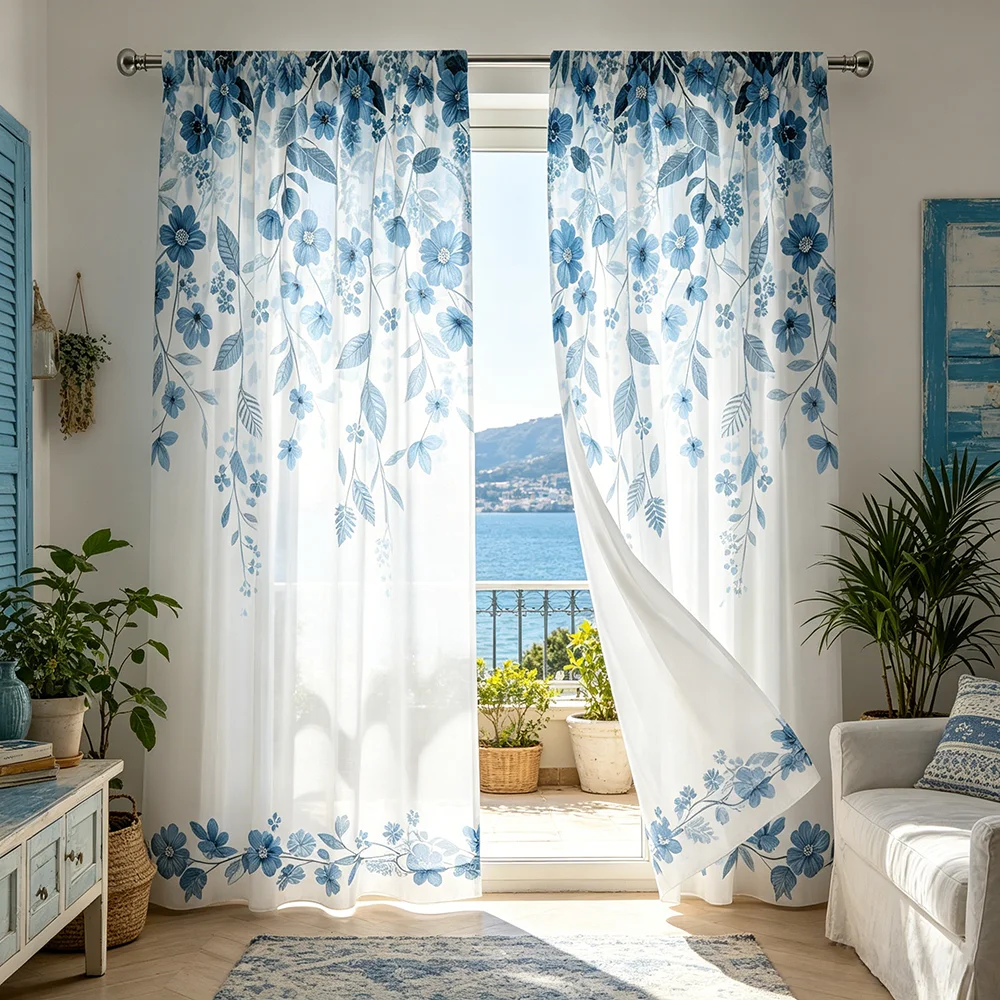 2PCS Blue White Branch Leaf Curtains, Botanical Nature Print, Window Drapes for Living Room Bedroom Home Decor
