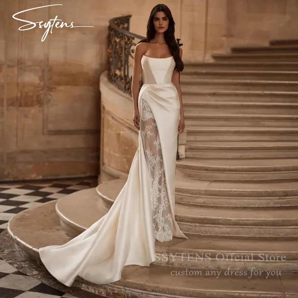 

SSYTENS Mermaid Wedding Dresses Strapless Floor Length Satin Wedding Gowns Lace Long Boho Beach Bridal Prom Dresses Customized