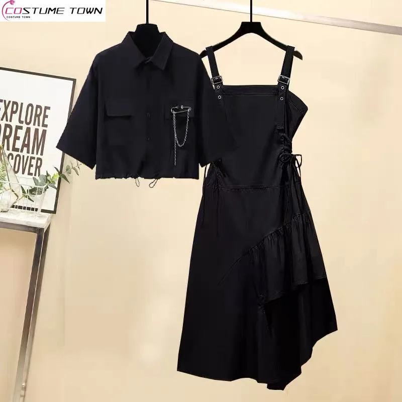 Fashion Women\'s Set 2023 New Korean Spring/Summer Age Reducing Casual Top Irregular Strap Dress Two Piece Set