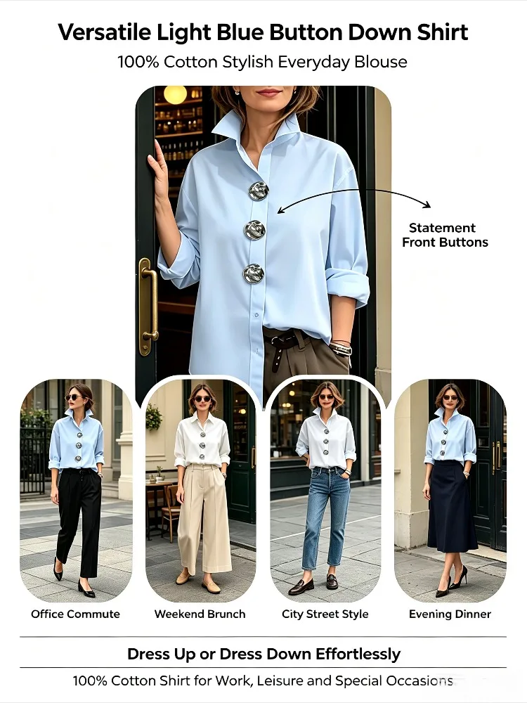 Yeezzi Women's Cotton White Buttoned Shirt 2026 New Elegant Loose Lapel Blouse Casual Long Sleeves Office Tops For Ladies