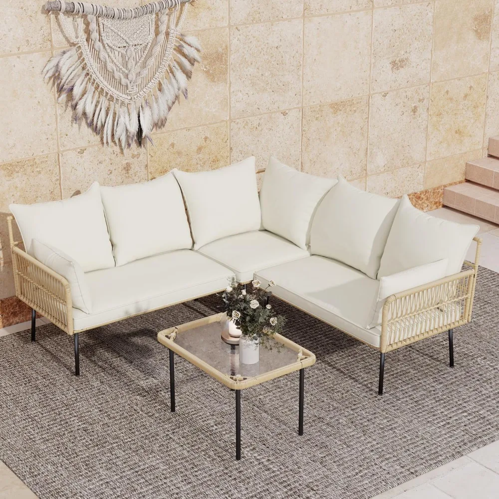 

4 Piece Patio Furniture Set, Wicker Outdoor Sectional Furniture Set, Boho Outdoor Patio Couch Set with 5 Cloud Version Thickene
