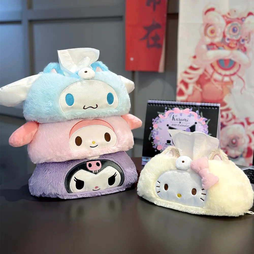 anime Hello Kitty Kuromi Caja de pañuelos de felpa Mi melodía Lindo niña Bandeja para carrito de coche decorar Bandeja de papel para el hogar Pareja Regalo