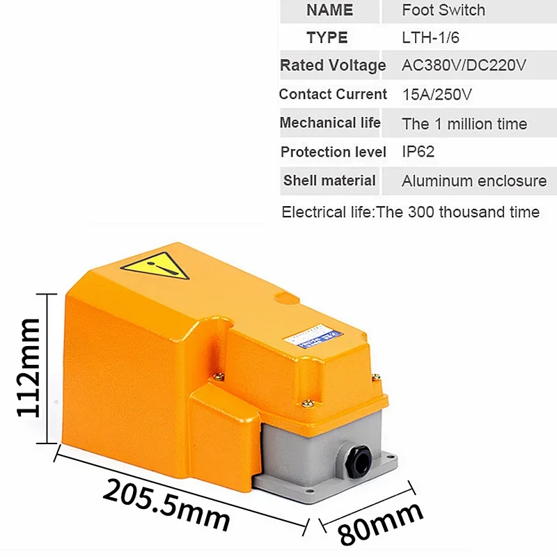 1PCS ,LTH/1/6,Aluminum Shell Foot Switch,Silver Contacts,1NO-1NC,Momentary,15A,250V,For Spot Welding Machine Punch,Non-Slip,IP62