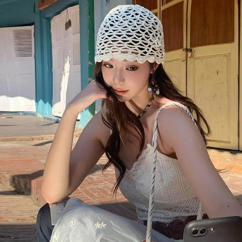Hand-woven Sequined Hollow Pullover Hat Spring Summer Crochet Colorful Mesh Sun Hat Outdoor Travel Fashion Joker Breathable Hat