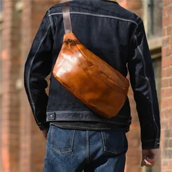 PNDME simple vintage first layer cowhide men's large capacity chest bag fashion designer luxury genuine leather crossbody bag