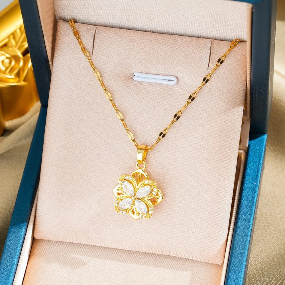 回転する四つ葉の花とジルコンセッティングを備えた女性用ネックレス、女性用ネックレスリング、鎖骨チェーン