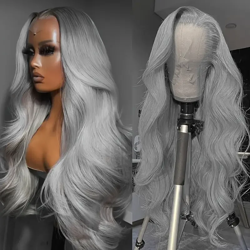 

Серый цвет волос, синтетические парики спереди, 13x4, свободная часть, предварительно выщипанная линия волос, готовая к ношению, бесклеевая объемная волна