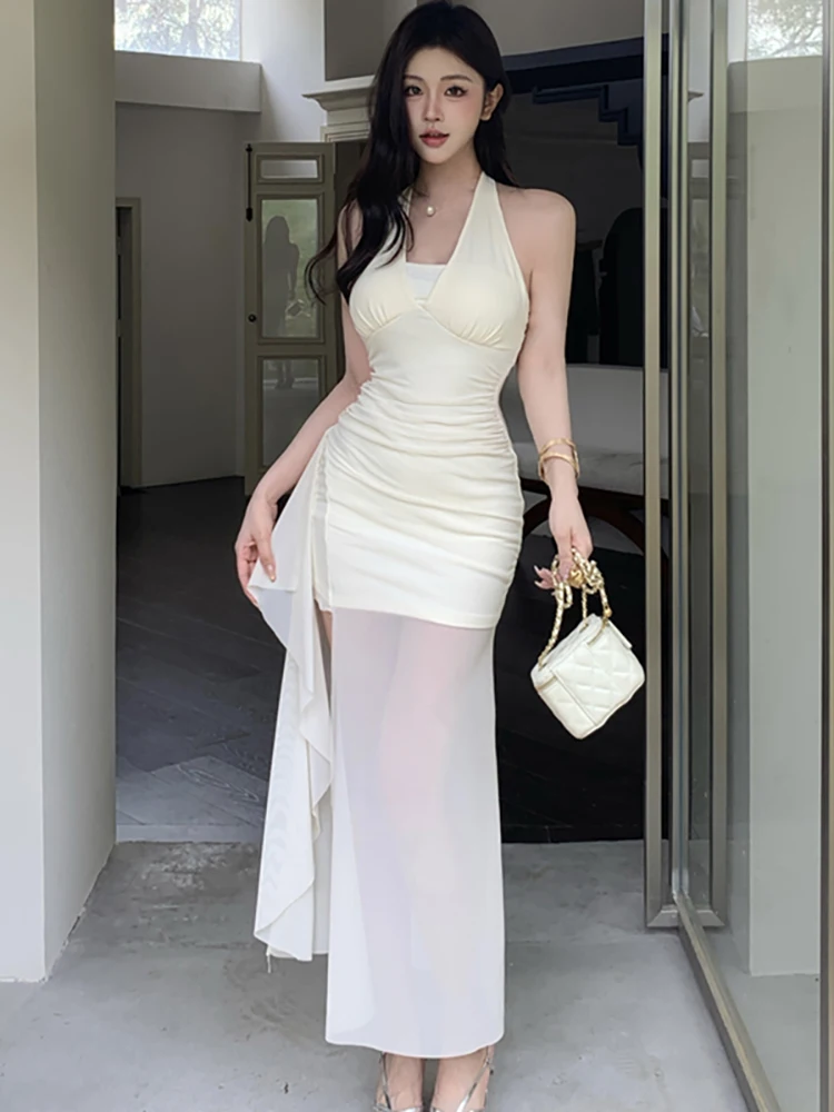 

2026 White Patchwork Mesh Sheer Sexy Long Dress Women Elegant Chic Neck-mounted Dress Summer Korean Bodycon Birthday Party Dress