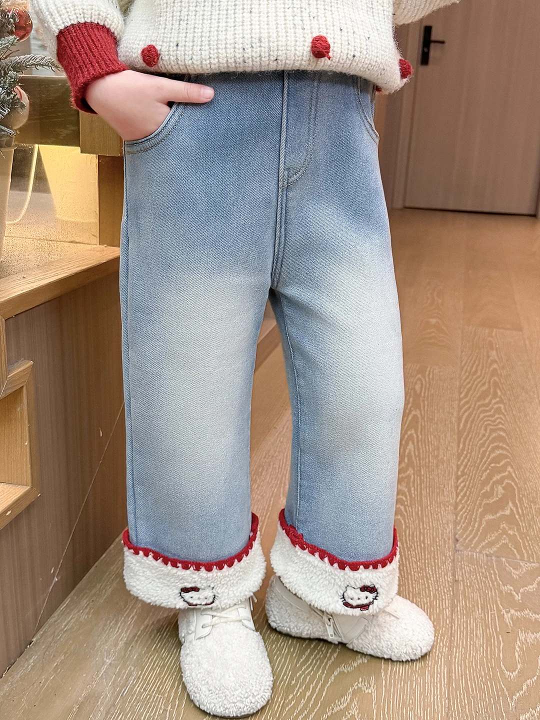 Trendy meisjes winterjeans asymmetrische hoge taille lange broek Fce gevoerde warme oorverzwakte casual broek met rechte pijpen