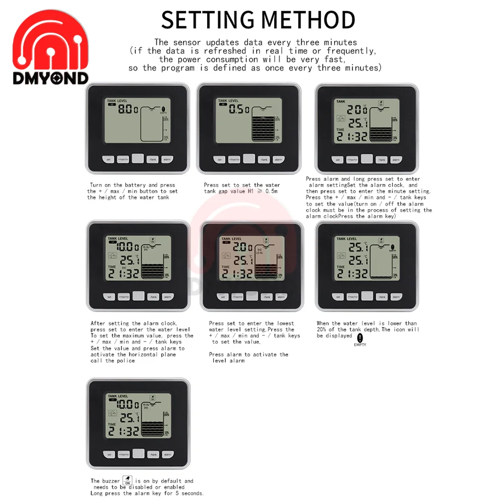 FT002 Wireless Ultrasonic Water Tank Liquid Level Meter With Temperature Sensor Water Level Time Display Water Level Gauge