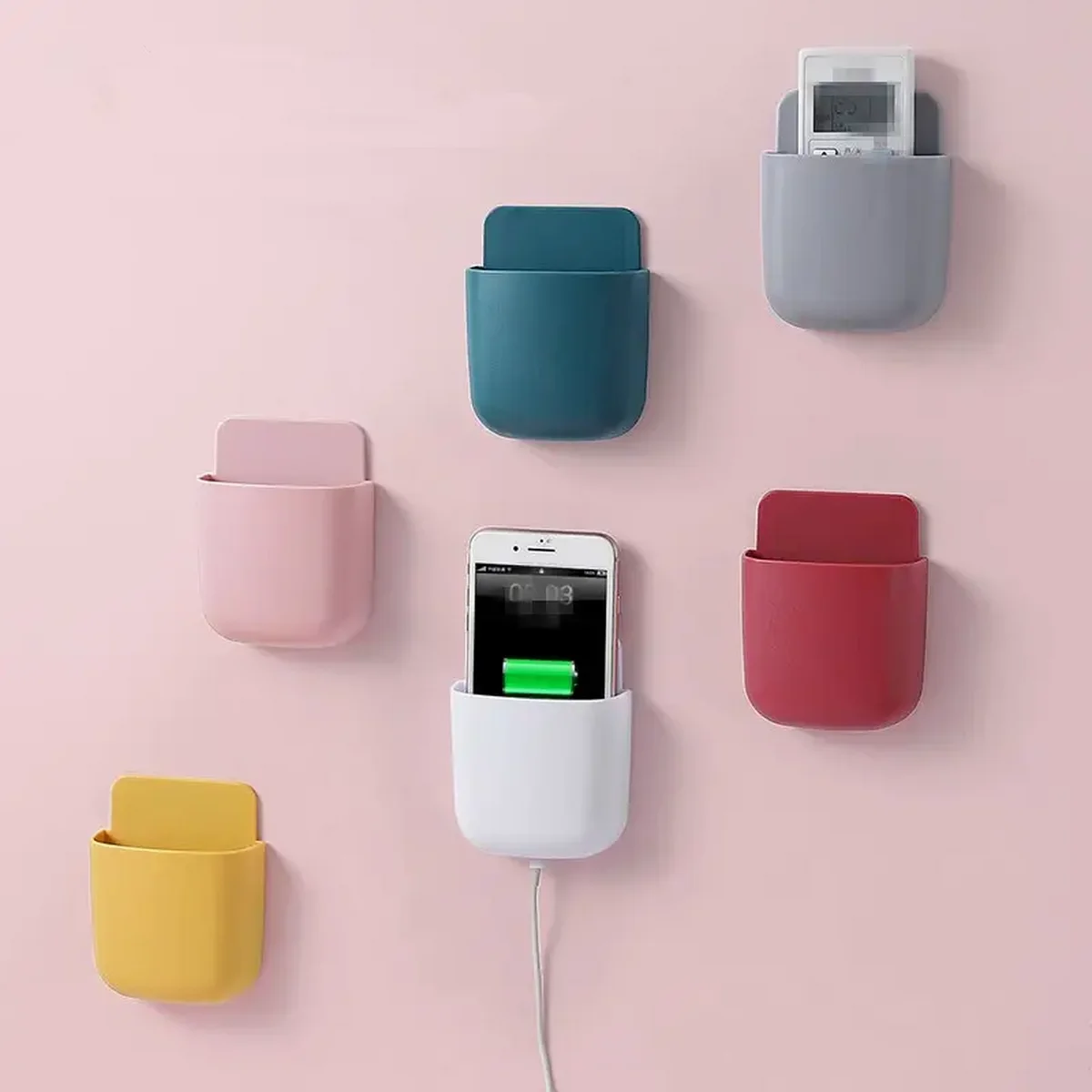 Wall Mounted Plastic Storage Box with Mobile Phone Charging Holder Remote Control Organizer Rack Adhesive for Home Organization