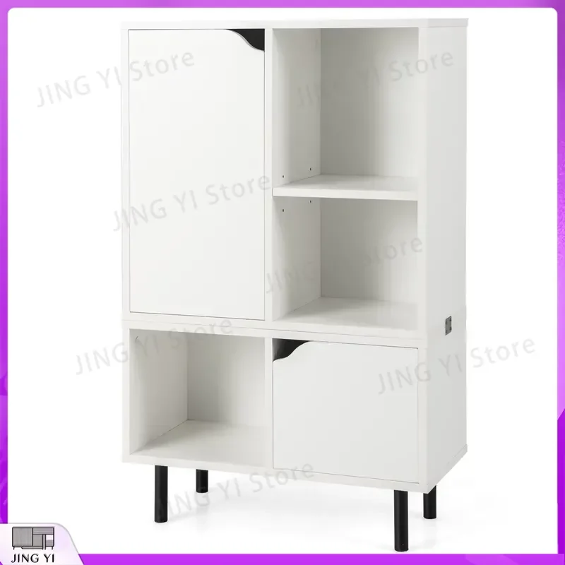 Modern Freestanding Bookcase Stackable Lattice Cabinet with 3 Cubes 2 Cabinets Anti-tipping Devices Living Room Storage Shelf