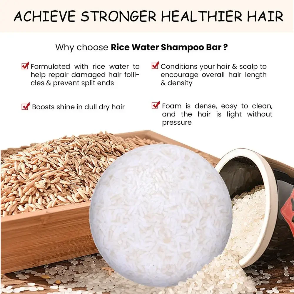 Champú de arroz orgánico, barra de jabón, jabón acondicionador sin aceite, proteína de agua de arroz, jabón nutritivo antipérdida para el cabello,