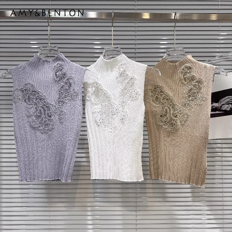 

2026 Summer New Women's Clothing French Design Temperament Embroidery Hook-up Hollow Slim Semi-turtleneck Knitted Vest Ladies