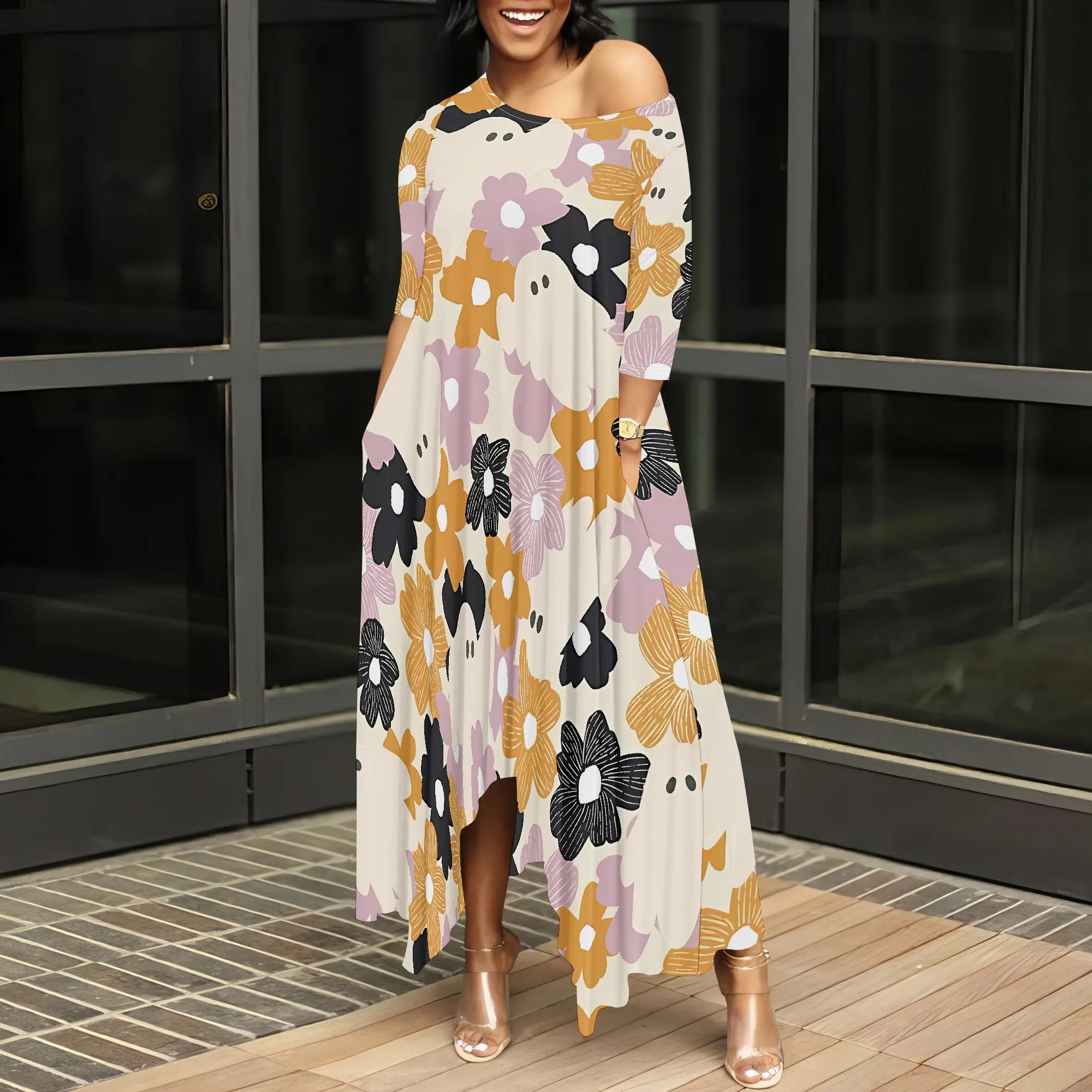 

Nupusa Floral Print Dress for Women Standard Size Summer Casual Off - Shoulder Half Sleeve Maxi Dress